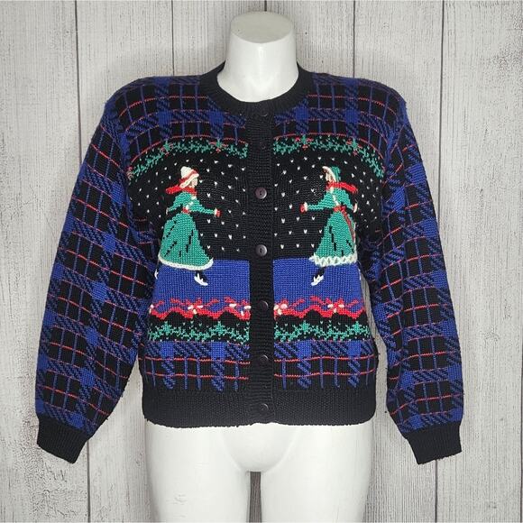 VTG 90s Wool Blend Knit Plaid Holiday Winter Ice Skating Cardigan, size Large - Picture 1 of 7